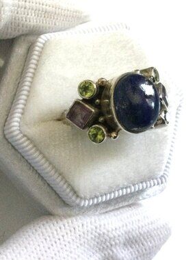 SLG 925 India Sterling Silver Lapis Amethyst Citrine Ring SZ 8